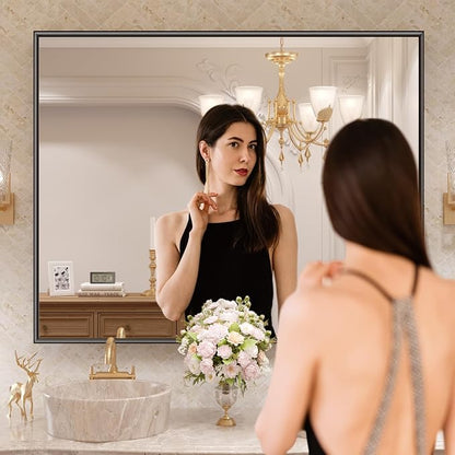 LOAAO Black Bathroom Mirror 40"X32" | Tempered Glass, Hangs Vertically or Horizontally, Easy to Install, Wall Mounted, Modern Design