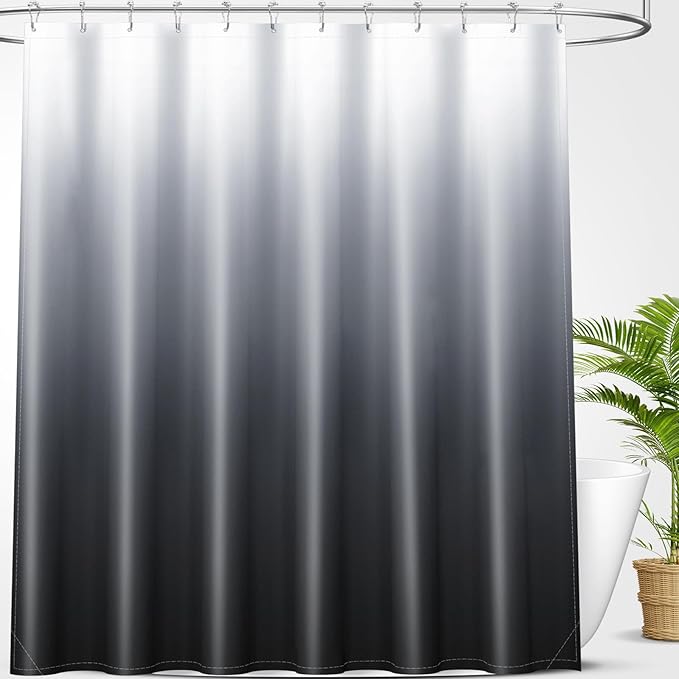 OLANLY Luxury Black and Grey Ombre Shower Curtain Sets with 12 Hooks, Waterproof and Washable Decorative Shower Curtains for Bathroom, 72x72 Inches