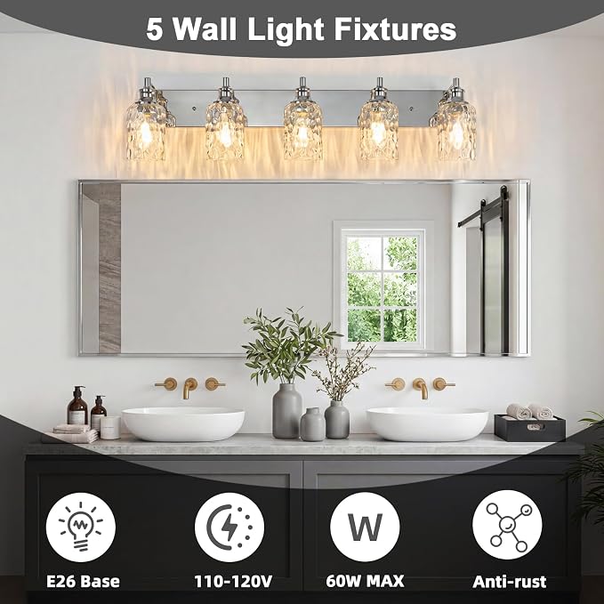 Bathroom Light Fixtures Over Mirror, 2 Lights Vanity Lights with Hammered Glass Shade, 37" Chrome Farmhouse Bathroom Light Fixtures for Bedroom, Porch, Hotel, Mirror Cabinet