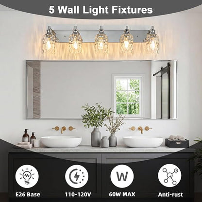 Bathroom Light Fixtures Over Mirror, 2 Lights Vanity Lights with Hammered Glass Shade, 37" Chrome Farmhouse Bathroom Light Fixtures for Bedroom, Porch, Hotel, Mirror Cabinet