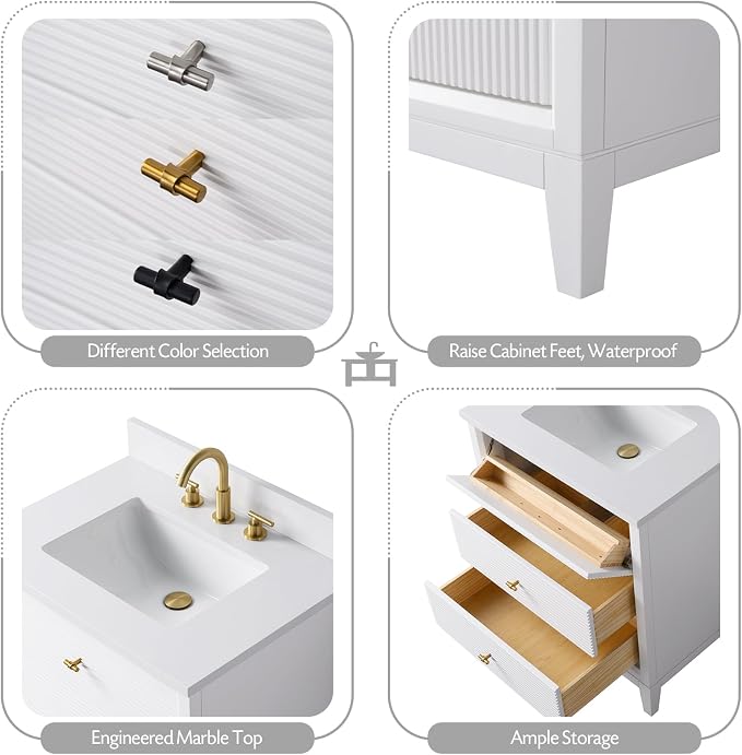 Vanity Art 30" Bathroom Vanity with Single Sink & Ceramic Top, Vanity Cabinet with Soft Closing Door, Solid Wood Frame, Golden Brushed Handles, White VA8130-W-GB
