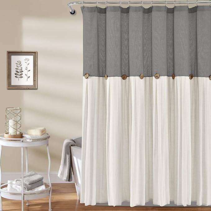 Lush Decor Linen Button Shower Curtain, 72" W x 72" L, Dark Gray & Off White - Gray Shower Curtain Fabric - Bathroom Curtain - Farmhouse Bathroom Decor