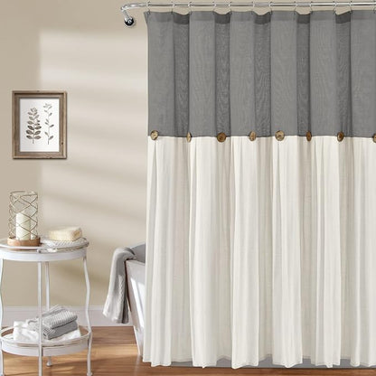 Lush Decor Linen Button Shower Curtain, 72" W x 72" L, Dark Gray & Off White - Gray Shower Curtain Fabric - Bathroom Curtain - Farmhouse Bathroom Decor