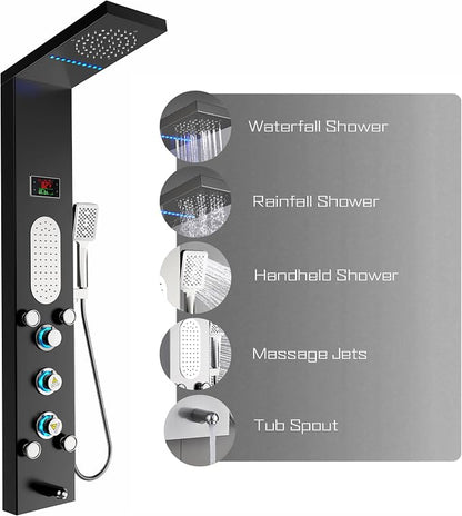 ELLO&ALLO LED Shower Panel Tower System, Rainfall and Mist Shower Head Rain Massage with Body Jets, Brushed Black