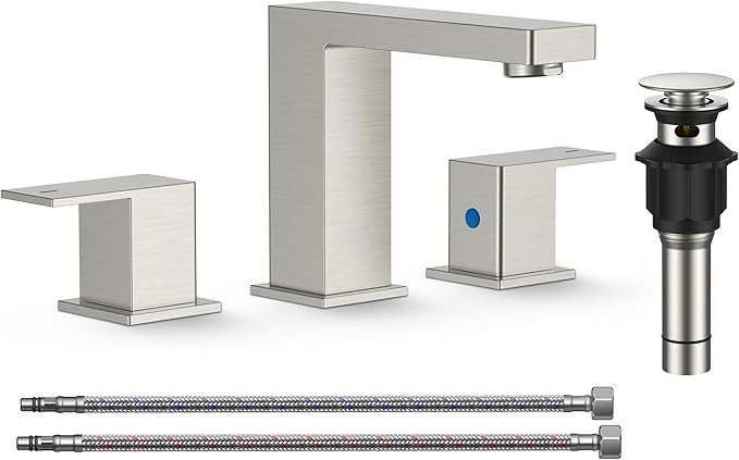 FORIOUS Brushed Nickel Bathroom Faucet 3 Hole, 8 Inch Widespread Square Bathroom Sink Faucet with Metal Pop-Up Drain and cUPC Supply Lines Included for Restroom, Lavatory, Basin, Restroom and Mall