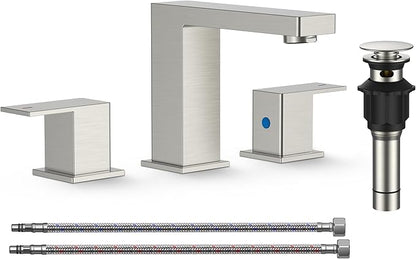 FORIOUS Brushed Nickel Bathroom Faucet 3 Hole, 8 Inch Widespread Square Bathroom Sink Faucet with Metal Pop-Up Drain and cUPC Supply Lines Included for Restroom, Lavatory, Basin, Restroom and Mall
