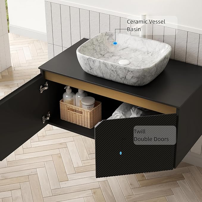 Floating Bathroom Vanity with Sink, 36" Bathroom Storage Cabinet with Sintered Stone Countertop & Marble-Pattern Ceramic Basin, Wall-Mounted Vanity with 2 Twill Pattern Doors, Black