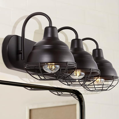 JONATHAN Y 24.5" Oil Rubbed Bronze 3-Light Industrial Farmhouse Vanity Light for Bathroom Mirror, Rustic Metal Wall Sconce Fixture, Iron Caged Shade, LED Bulbs Included JYL1120A