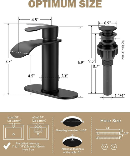 WOWOW Waterfall Bathroom Faucet Matte Black: Bathroom Sink Faucet for 1 Hole or 3 Holes, Single Handle Vanity Faucet with Pop up Drain, Stainless Steel Basin Sink Tap for RV Lavatory