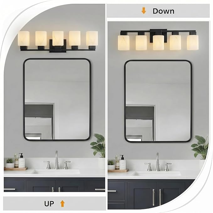 5-Light Square Bathroom Light Fixture, Black Modern Vanity Light with White Marble Glass Shade, for Bathroom Mirror, Living Room, Bedroom, Hallway, E26 Base