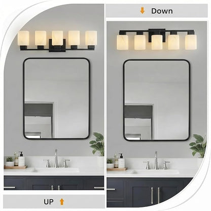 5-Light Square Bathroom Light Fixture, Black Modern Vanity Light with White Marble Glass Shade, for Bathroom Mirror, Living Room, Bedroom, Hallway, E26 Base