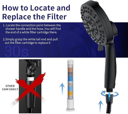 Filtered Shower Head with Handheld, Magnetic Adjustable, Matte black | High Pressure 9 Spray Modes, Hard Water Softener 10-Stage Filtration, Anti-Clog Nozzles, 60-Inch Long Hose