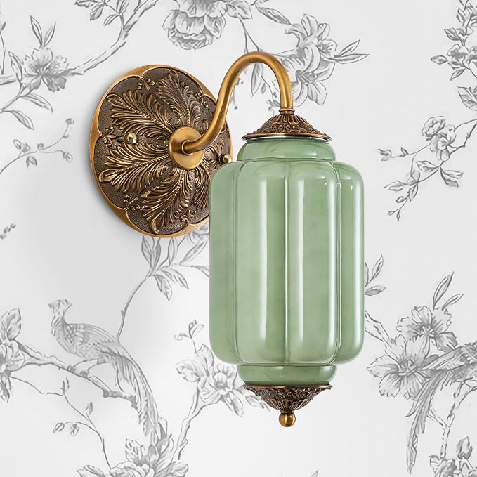 Vintage Gold Milk Glass Wall Sconce - Vintage Green Shade & Brass Finish Base - Indoor Hardwired Wall Lighting Fixture for Living Room, Bedroom, Hallway, Entryway (Bulbs Included)- Green