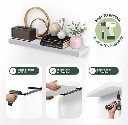 Furinno Tanna Floating Shelves for Wall Set of 2, 9 x 35 Wall Shelf, Wall Mounted Floating Shelf with Invisible Bracket, 2-Inch Thick, for Bathroom, Living Room, Bedroom, Home Office, White