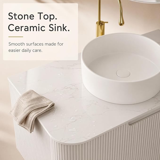 30 Inch Bathroom Vanity with Sink, Floating Wall Mounted Single Sink Vanity, White Curved Fluted Front, Stone Top, Pure White Round Vessel Basin, Pre-Assembled