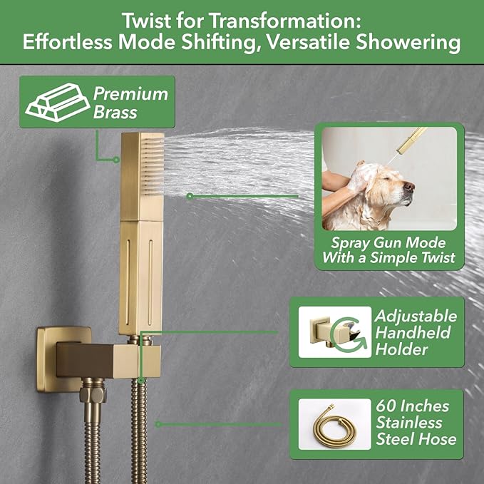 VANFOXLE Shower Faucet Set Brushed Rose Gold Shower System,Shower Faucet with 2 in 1 Handheld,Ceiling Mount 16 Inch LED Shower Head+6 Inch Shower Head(Rough-in Valve Body and Trim)