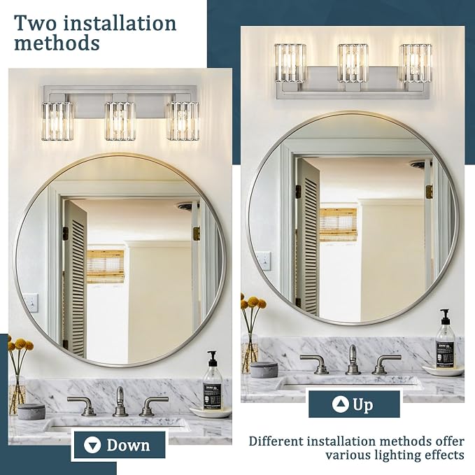 Brushed Nickel Bathroom Light Fixtures, 3-Light Vanity Light Over Mirror | Wall Sconces with Square Crystal Shades, E26 Socket, Modern Vanity Lights for Bathroom (Bulbs Not Included)