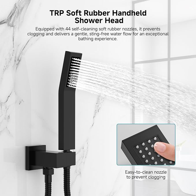 SR SUN RISE Shower Faucet Set & System - 12 Inch Rainfall Shower Head & Handle Set Wall Mounted Matte Black Solid Brass Valve Trim Kit Included