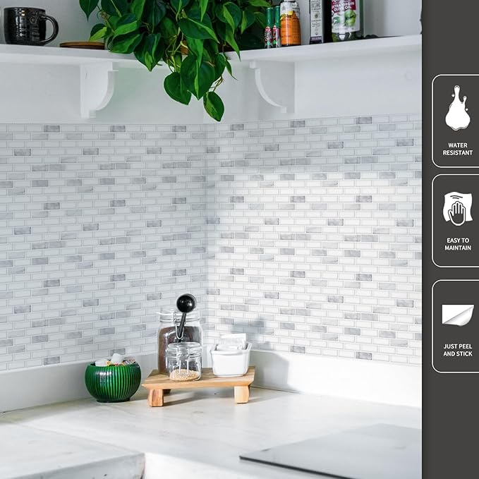 Art3d 10-Pack Peel and Stick Stone Backsplash Tile, 12" x 12", White Marble | Strong Adhesion, Lightweight, Cuttable, Waterproof, Fadeless, Crack Resistant, for Kitchen, Bedroom, Ideal for Recently Moved
