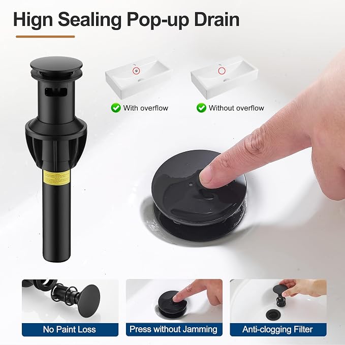 Waterfall Bathroom Faucet, Single Handle Matte Black Sink Faucet 1 Hole or 3 Hole for Lavatory, Washbasin, Vanity, Commercial, with Deck, Pop-up Drain and Supply Hoses