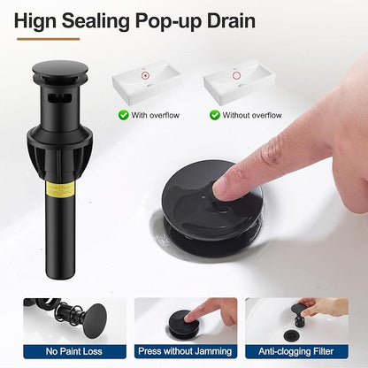 Waterfall Bathroom Faucet, Single Handle Matte Black Sink Faucet 1 Hole or 3 Hole for Lavatory, Washbasin, Vanity, Commercial, with Deck, Pop-up Drain and Supply Hoses