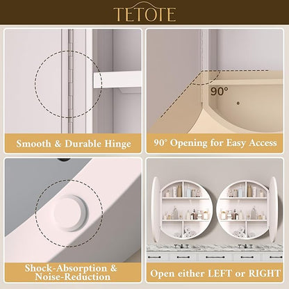 TETOTE 20 x 20 Inch Medicine Cabinet Mirror White Framed Round Mirrored Medicine Cabinets for Bathroom Adjustable Shelves Modern Bathroom Mirror with Storage Wall Mounted