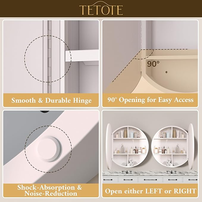 TETOTE Bathroom Mirror Cabinet 28 x 28 White Round Bathroom Medicine Cabinet with Mirror Adjustable Shelves Farmhouse Wall Mirror with Storage Surface Mounted