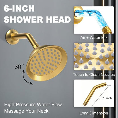 Enga Antique Dual Shower Head Faucet Set - 8" Ceiling Mount Rain Shower & 6" Wall-Mounted Vintage Rainfall + Handheld Spray Combo, Brushed Gold