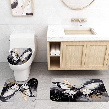 Chrainy 4pcs White Butterfly Shower Cutain Set Bathroom Decor with Rugs | Bath Accessories with Waterproof Curtain, Bath Mat, Toilet Lid Cover, U-Shaped Rug and 12 Hooks for Washroom, 71*71in