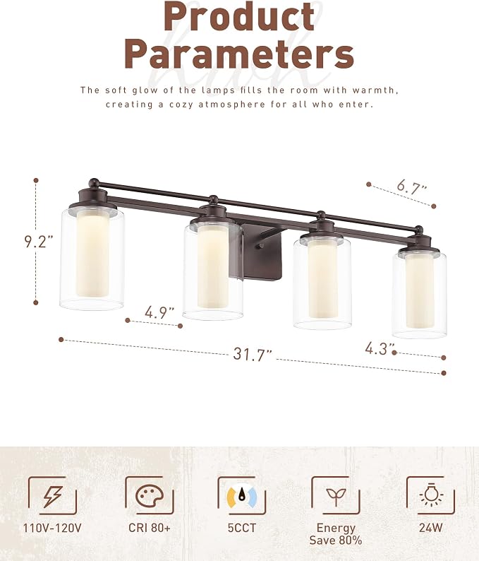 HWH Bathroom Light Fixtures 4 Lights, Clear Glass, 5CCT, 5HLT63B-4W-LED ORB | Dimmable, Oil Rubbed Bronze, 24W, Bathroom Vanity Light Over Mirror, Vanity Lights, Smooth LED Brightness Adjustment
