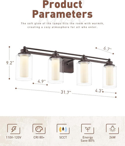HWH Bathroom Light Fixtures 4 Lights, Clear Glass, 5CCT, 5HLT63B-4W-LED ORB | Dimmable, Oil Rubbed Bronze, 24W, Bathroom Vanity Light Over Mirror, Vanity Lights, Smooth LED Brightness Adjustment