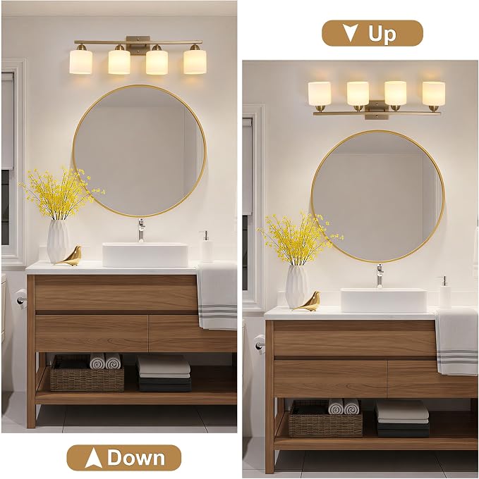 Mecgirn Milk Glass Vanity Lights for Bathroom, 4 Light Brass Bathroom Light Fixtures Over Mirror, Ceramic E26 Sockets Wall Mounted