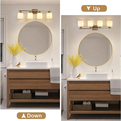 Mecgirn Milk Glass Vanity Lights for Bathroom, 4 Light Brass Bathroom Light Fixtures Over Mirror, Ceramic E26 Sockets Wall Mounted