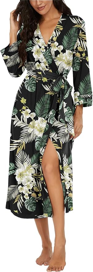 VINTATRE Women Kimono Robes Long Knit Bathrobe Lightweight Soft Knit Sleepwear V-neck Casual Ladies Loungewear