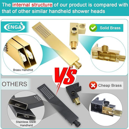 ENGA Square Brushed Gold Solid Brass Hand Held Shower Head With Wall Connector and Hose Wall Mount Handheld Showerheads Set