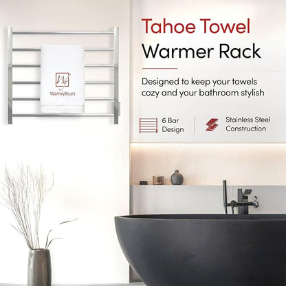 WarmlyYours Tahoe Heated Towel Rack, 6 Bars, Polished Stainless Steel | Hardwired 120V heated towel rack for spa-like bathroom comfort, 427 BTU/hr, energy-efficient towel drying