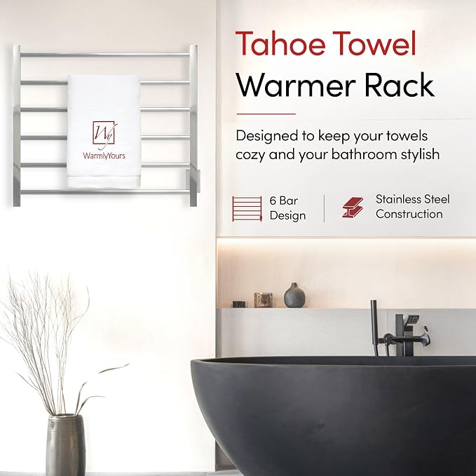 WarmlyYours Tahoe Heated Towel Rack, 6 Bars, Polished Stainless Steel | Hardwired 120V heated towel rack for spa-like bathroom comfort, 427 BTU/hr, energy-efficient towel drying