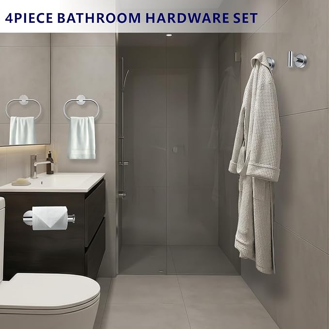Bathroom Hardware Set Includes Towel Ring, Toilet Paper Holder and 2 Towel Hooks, SUS304 Stainless Steel Modern Wall-Mounted Bathroom Set, Rustproof Bathroom Fitting Set (Chrome)