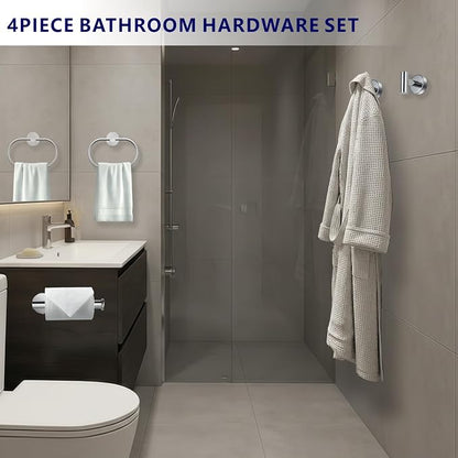 Bathroom Hardware Set Includes Towel Ring, Toilet Paper Holder and 2 Towel Hooks, SUS304 Stainless Steel Modern Wall-Mounted Bathroom Set, Rustproof Bathroom Fitting Set (Chrome)