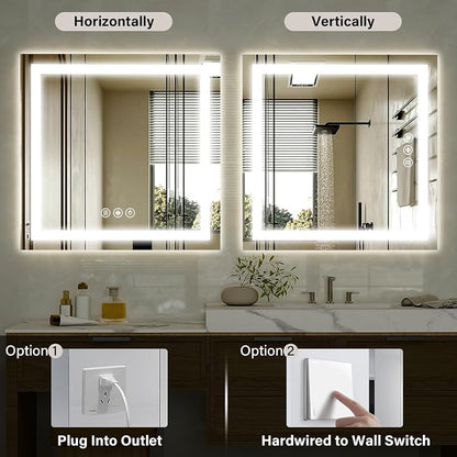 XRAMFY 36"X36"LED Bathroom Mirror, Backlit + Front Lit Wall Mirror | LED Bathroom Mirror with Lights for Wall, 3 Colors, Anti-Fog, Dimmable Brightness, Tempered Glass