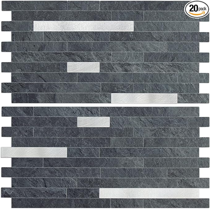 AULIGET 20 Sheets Black Slate Peel and Stick Backsplash, PVC Mixed Metal Silver Wall Tile Stick on Backsplash for Kitchen and Bathroom
