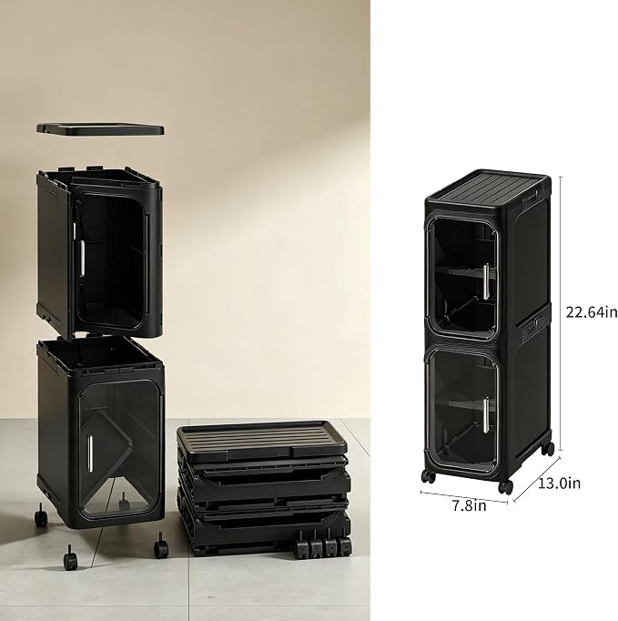 2-Tier Narrow Storage Cabinet Slim Bathroom Skinny Organizer with Wheels | Slim Storage Cabinet with Lockable Rolling Wheels Adjustable Detachable Shelves Snap Assembly for Small Spaces,Black