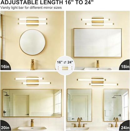Bathroom Vanity Light Bar, 24 Inch Modern LED Bath Light, 18W 3 CCT 3000K 4000K 6000K Dimmable Hardwired Acrylic Vanity Light Bar Over Mirror, Gold, Bathroom, Bedroom, Hallway, Powder Room, Washroom