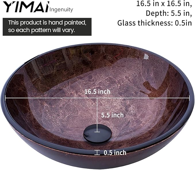 Bathroom Vessel Sink 16.5" Vessel Sinks Tempered Glass Brown Art Basin Round Bowl with Faucet Combo Brown,Countertop Bowl Sink for Lavatory Vanity Cabinet