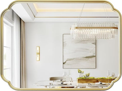 Gold Bathroom Mirror, 30” x 40” Scalloped Rounded Corner Rectangle Wall Mirrors with Metal Frame, Modern Vanity Mirror for Over Sink, Bedroom, Entryway, Horizontal or Vertical