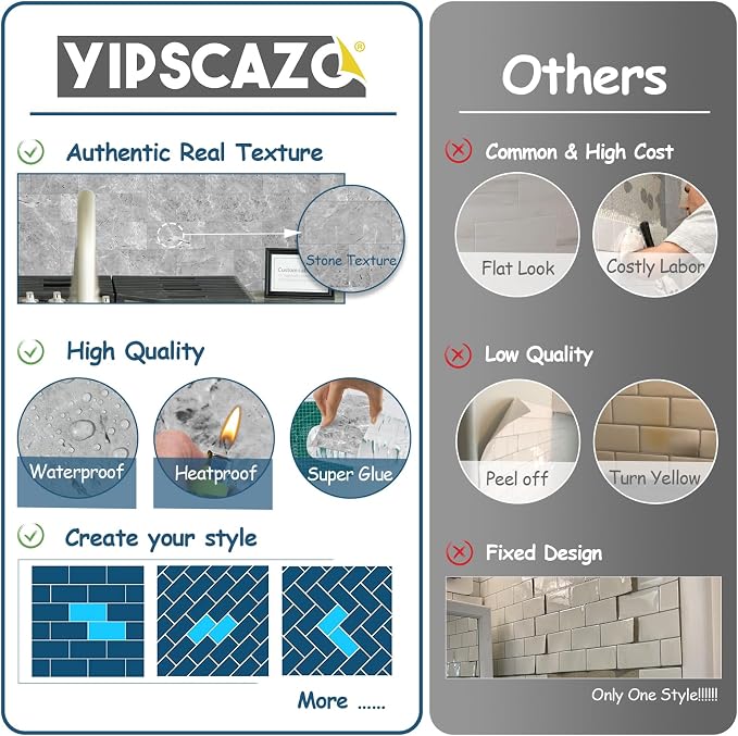 Yipscazo 2026 New Upgrade Peel and Stick backsplash 3 x 6 Inches, Backsplash Tile Peel and Stick Tile for Kitchen, Bathroom, Laundry Room, Fireplace(Polished Marble Gray, 100 Pieces)