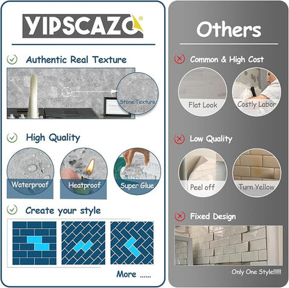 Yipscazo 2026 New Upgrade Peel and Stick backsplash 3 x 6 Inches, Backsplash Tile Peel and Stick Tile for Kitchen, Bathroom, Laundry Room, Fireplace(Polished Marble Gray, 100 Pieces)