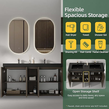60" Bathroom Vanity with Double Sink, Freestanding Double Sink Bathroom Vanity with Black Engineered Stone Top, Open Storage Cabinet & Adjustable Shelf, 4 Soft-Closing Doors, Smoked Oak Brown