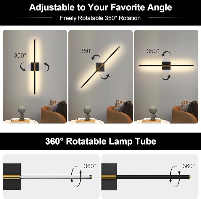 Wall Sconces Set of Two with Remote Control 29.1 in Dimmable Black Gold Battery Operated Wall Lights 350° Ratation 3000K-6000K LED Wireless Rechargeable Sconce for Bathroom Living Room Bedroom