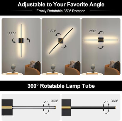 Wall Sconces Set of Two with Remote Control 29.1 in Dimmable Black Gold Battery Operated Wall Lights 350° Ratation 3000K-6000K LED Wireless Rechargeable Sconce for Bathroom Living Room Bedroom
